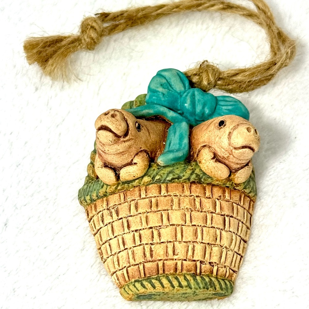 Manatees In Basket Kevin Rowley Ceramic Save The Manatees Ornament Green Bow